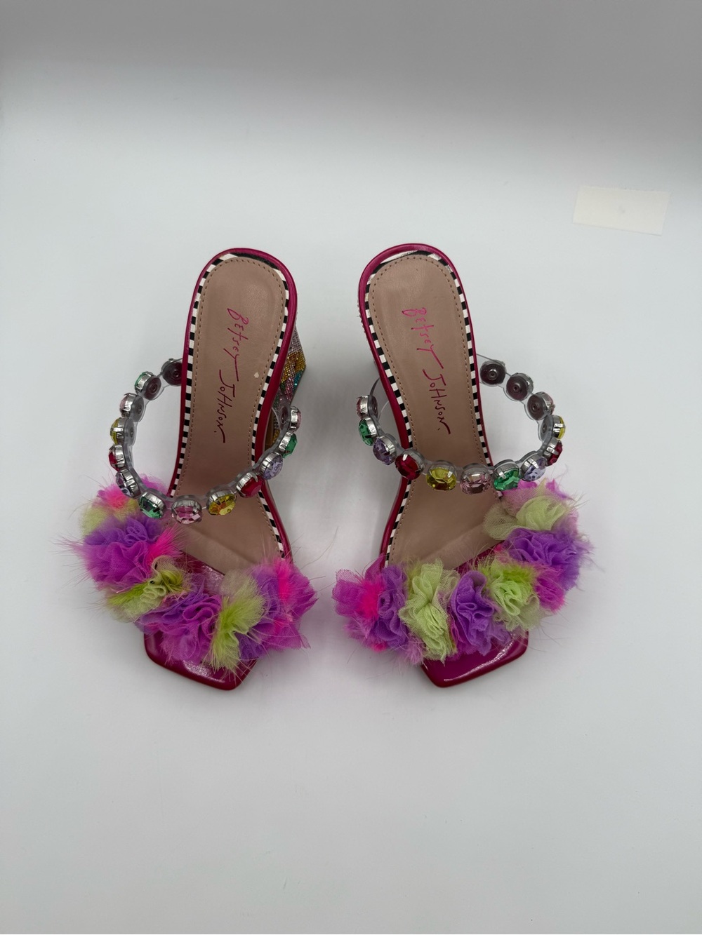 Betsey Johnson Attica Rhinestone Pink Embellished Sandals Pom Pom Statement Mule - Picture 14 of 17